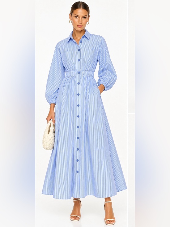 Dresses & Skirts - Blue White Striped Button Front Maxi Shirt Dress Elastic Waist